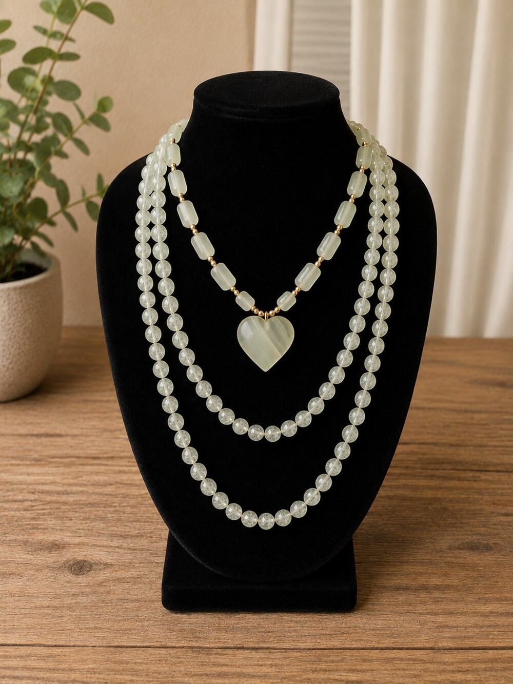 Vintage Boho Necklaces - Celadon Jade Heart Necklace & Crackle Glass Beads